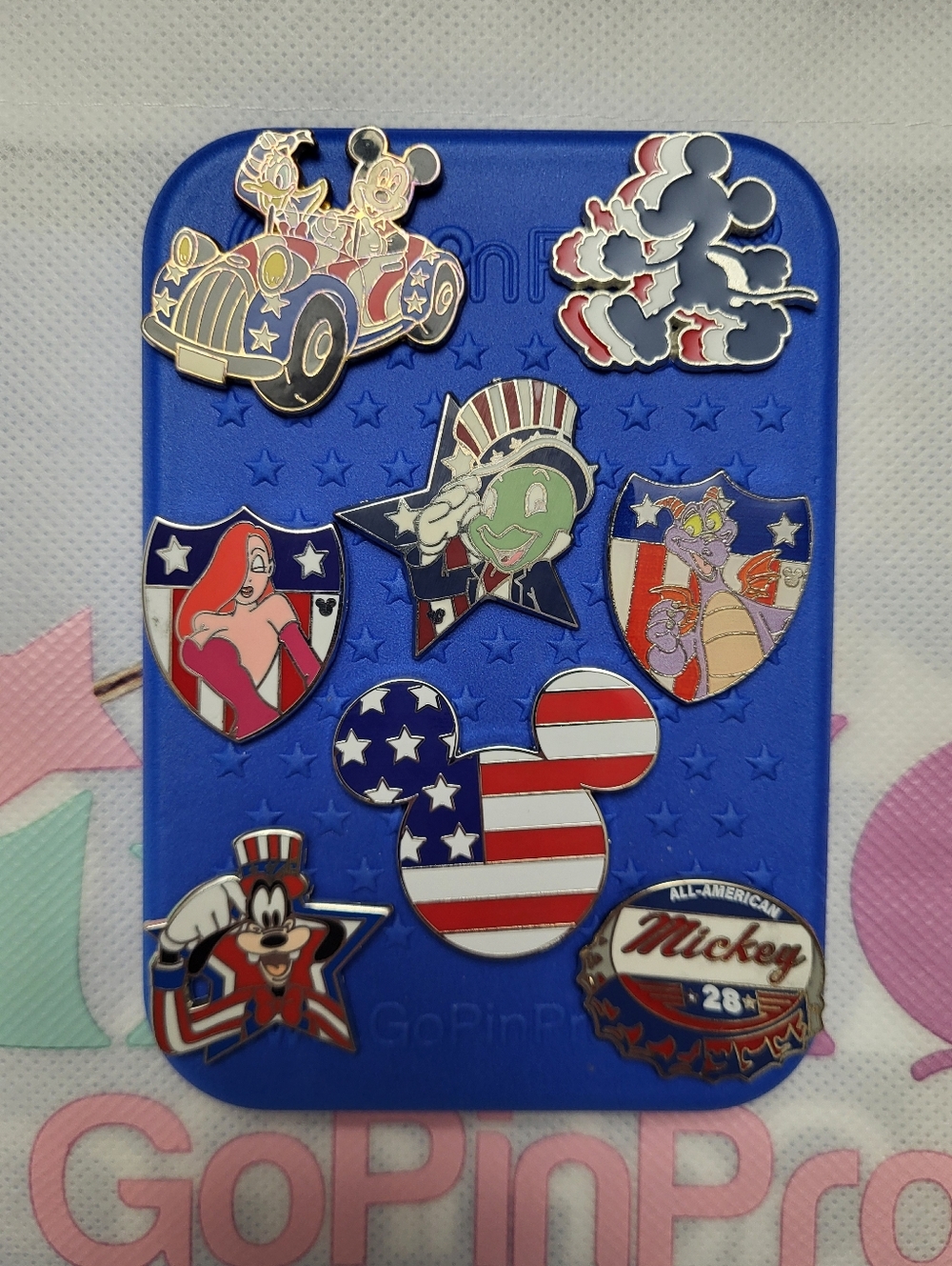 VINTAGE DISNEY Pins - AMERICA USA Set Stars & Stripes & Pin Board, 4th Of July